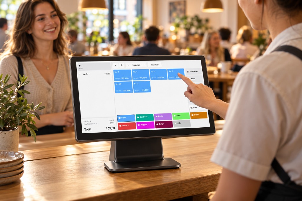DishiPOS terminal at the counter, with a server pointing at the screen